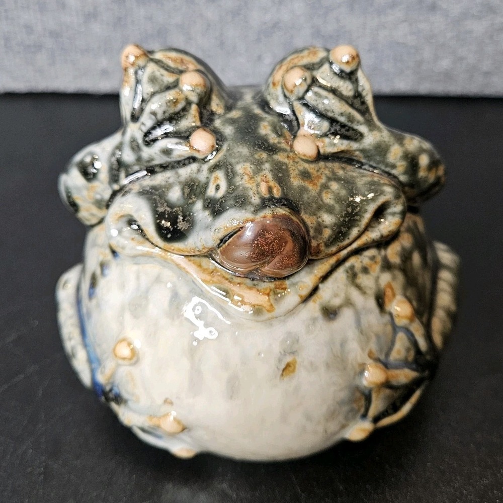 Fat Belly Frog Ceramic Glazed Mottled See No Evil Funny‎ Figurine 5 Inch